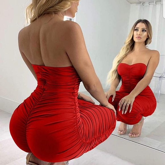 Sexy Red Ruched Strapless Tube Maxi Long Dress - Picture 3 of 3